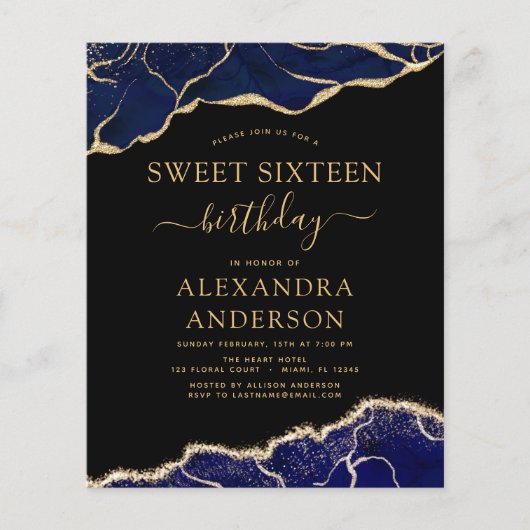 Budget Agate Sweet 16 Navy Blue Gold Flyer (Voorkant)