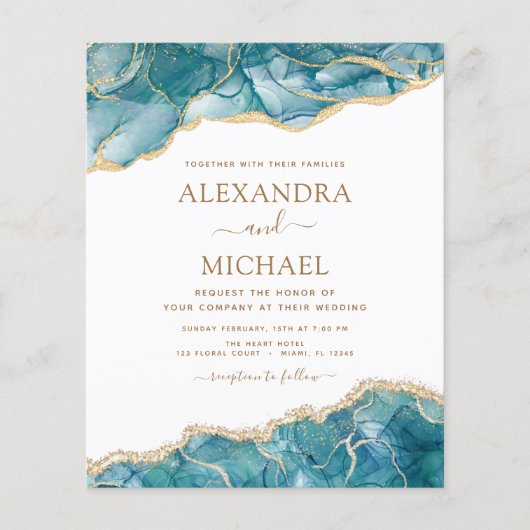 Budget Agate Turquoise Blauwgroen Gold Wedding Flyer (Voorkant)