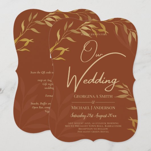 Budget All-in-1 Rustic Terracotta GOLD Wedding Kaart (Voorkant / Achterkant)