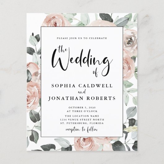 Budget All in One Calligraphy Rozen Wedding Invite (Voorkant)