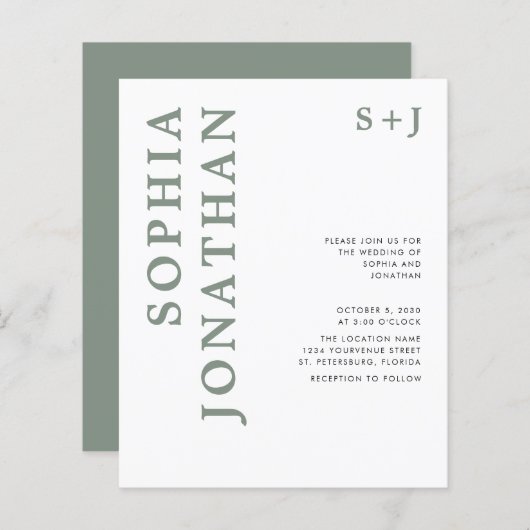 Budget All in One Sage Green Wedding Invitation (Voorkant / Achterkant)
