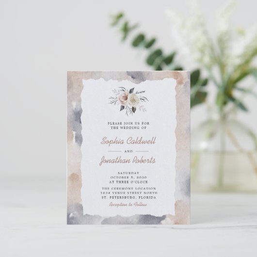 Budget All in One Stof Roze Rozen Trouw Uitnodigin (Staand voorkant)