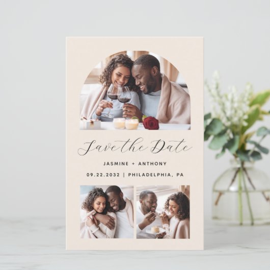Budget Arch 3-Foto Beige QR-code Save the Date (Staand voorkant)