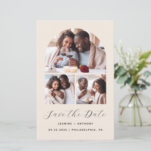 Budget Arch 3-Photo Collage Beige Bewaar de datum (Staand voorkant)