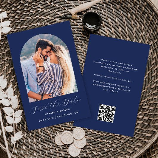 Budget Arch Foto QR Code Navy Blue Save the Date