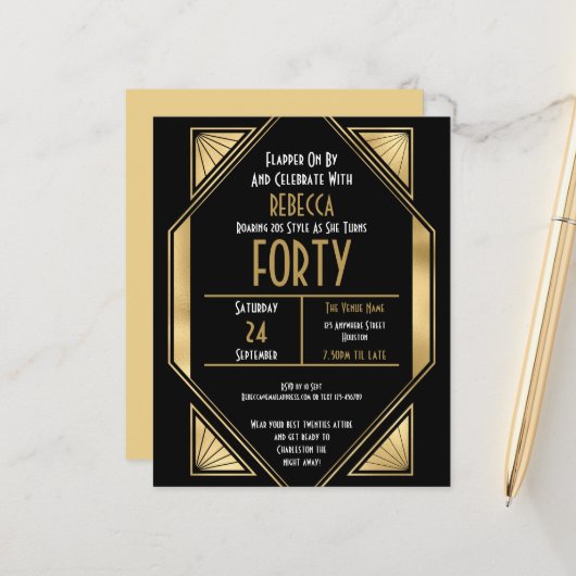 Budget Art Deco 40th Birthday Gold Black Invite (Voorkant / Achterkant in situ)