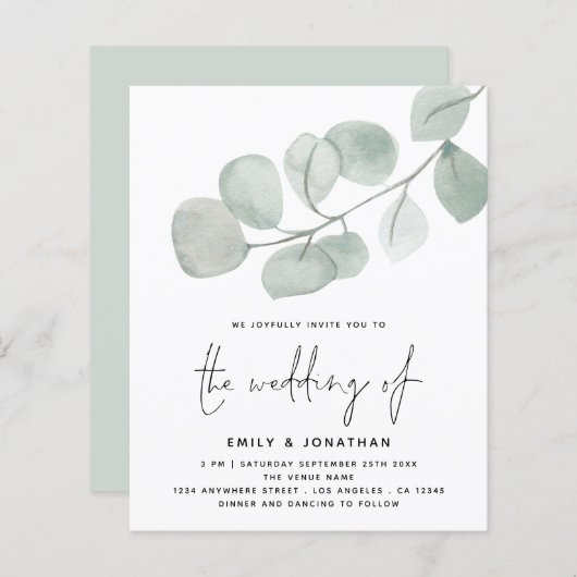 BUDGET Artsy Eucalyptus Script Weddenschap Uitnodi (Voorkant / Achterkant)