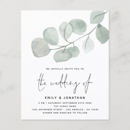 BUDGET Artsy Eucalyptus Script Weddenschap Uitnodi (Voorkant)