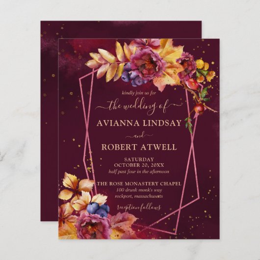 Budget Automne Feuilles Fleurs Bourgogne Mariage I (Devant / Derrière)