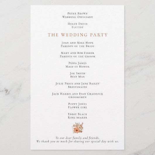 Budget Automne Florals Programme de mariage du feu (Dos)