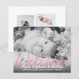 Budget B&W Roze Welkome Foto Baby Aankondiging