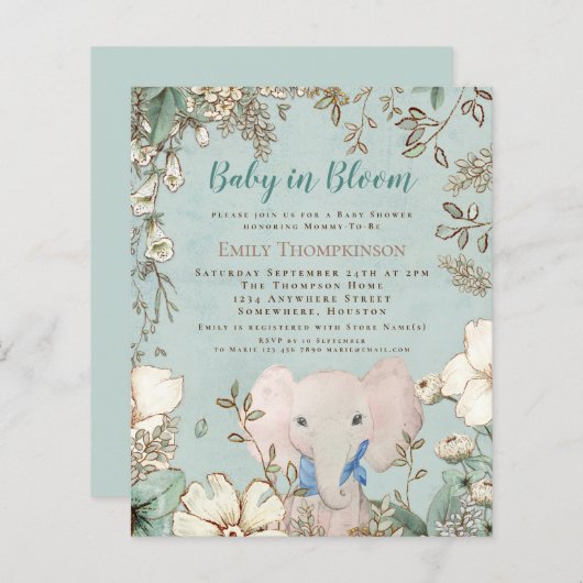 Budget Baby in Bloom Elephant Baby shower nodigt u (Voorkant / Achterkant)