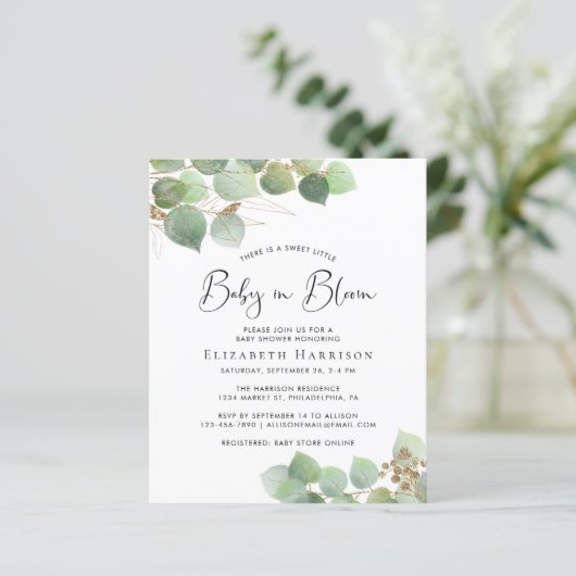 Budget Baby in Bloom Eucalyptus Shower Invitation (Staand voorkant)