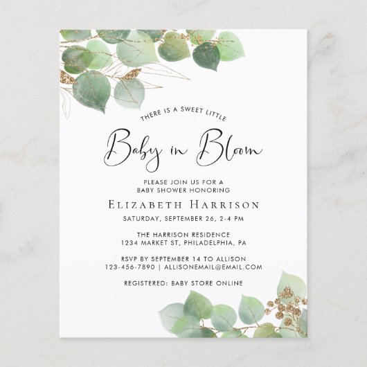 Budget Baby in Bloom Eucalyptus Shower Invitation (Voorkant)