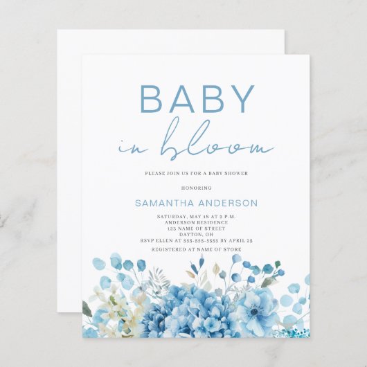 Budget Baby In Bloom Jongens Baby Shower Uitnodigi (Voorkant / Achterkant)
