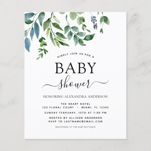 Budget Baby shower Greenery Botanical Invitation Flyer (Voorkant)