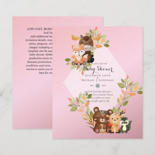 BUDGET BABY SHOWER INVITATIONS - Woodland Animals (Voorkant / Achterkant)