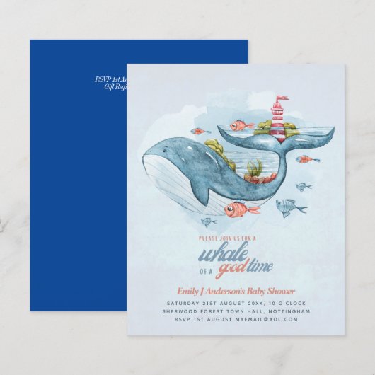 BUDGET Baby shower Zee Life Whale Boys Blue Invite (Voorkant / Achterkant)