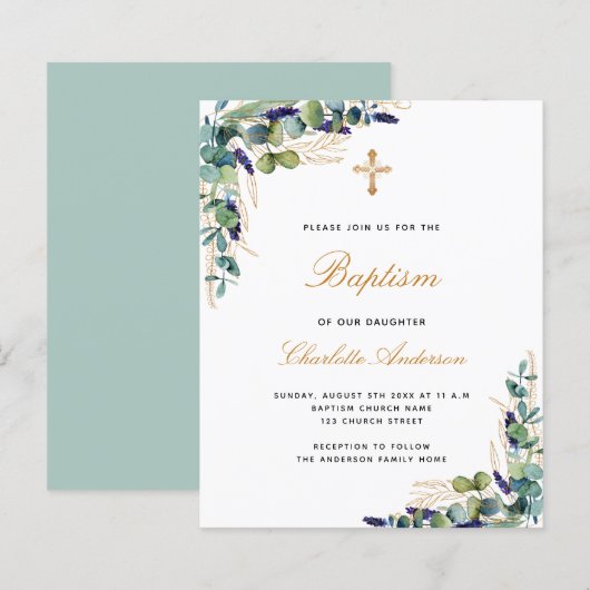 Budget Baptism eucalyptus greenery Gold-uitnodigin (Voorkant / Achterkant)