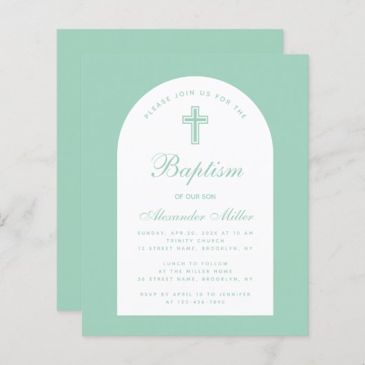 Budget Baptism Mint Arch Christening Uitnodiging (Voorkant / Achterkant)