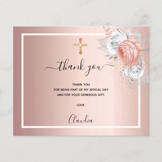 Budget baptisme floral roos gold foto bedankt (Voorkant)