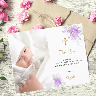 Budget baptisme paarse florals foto bedankt