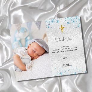 Budget baptisme zilverblauwe glitter foto bedankt