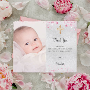 Budget baptisme zilverroze glitter foto bedankt