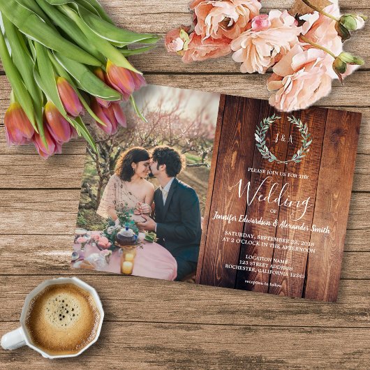 Budget barn wood monogram photo Wedding invitation Flyer