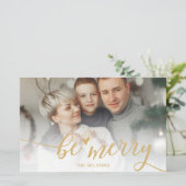 Budget BE Merry Script Gold Photo Holiday Card (Staand voorkant)