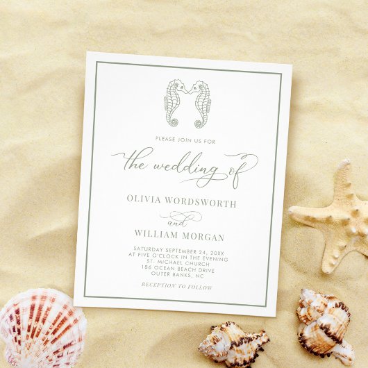 Budget Beach Seahorse Green Wedding Invite Flyer