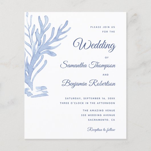 Budget Beach Weddenschap Uitnodiging Modern Blue W (Voorkant)