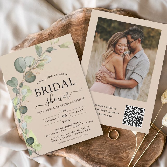Budget Beige Bruiloftsshower QR Code Eucalyptus (Creator heeft geüpload)