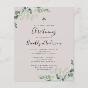 Budget Beige Eucalyptus Christening Uitnodiging
