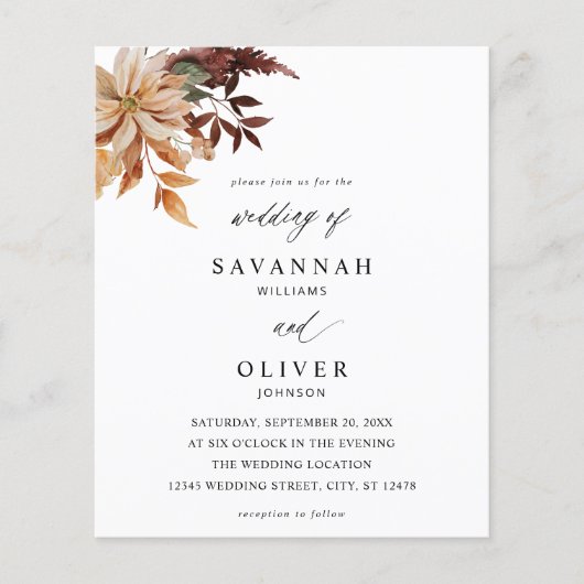 Budget Beige Herfst Floral Wedding Flyer (Voorkant)
