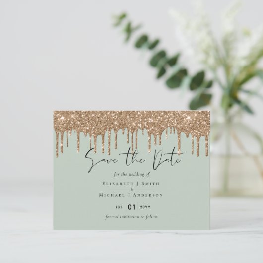 BUDGET Bespaar data Sage Gouden Glitter Bruiloft Briefkaart (Staand voorkant)