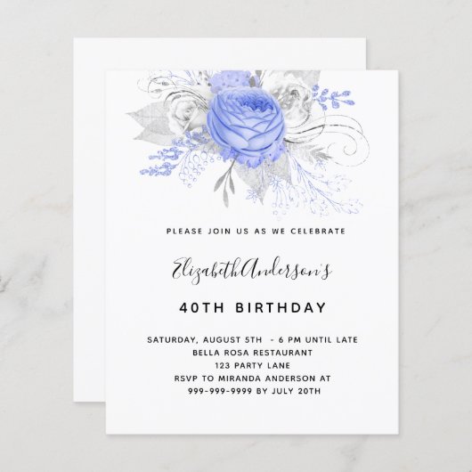 Budget Birthday blue florals Silver-uitnodiging (Voorkant / Achterkant)