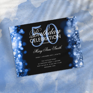 Budget Birthday Elegant Navy Blue Lights Invite Briefkaart
