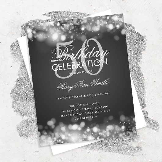 Budget Birthday Elegant Silver Licht Invite