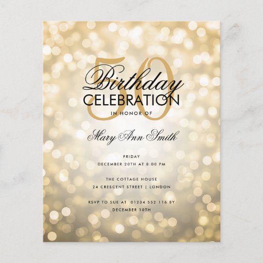 Budget Birthday Party Elegant Gold Sparkle Lights Flyer (Voorkant)