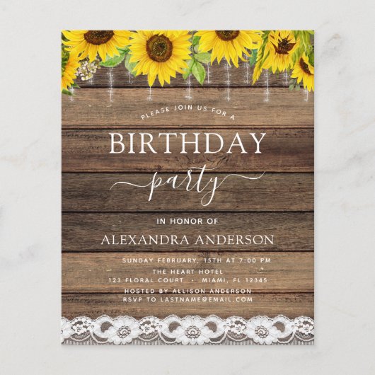 Budget Birthday Party Sunflower Rustic Uitnodiging Flyer (Voorkant)