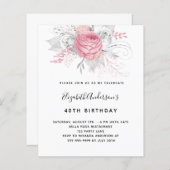 Budget Birthday roze florals elegant uitnodiging (Voorkant / Achterkant)