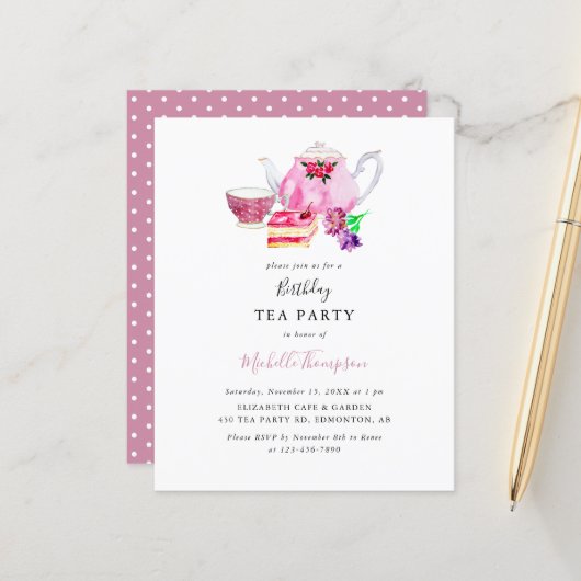 Budget Birthday Tea Party roze Teapot Script (Voorkant / Achterkant in situ)