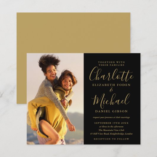 Budget Black en Gold Script Photo Weduwen Uitnodig (Voorkant / Achterkant)