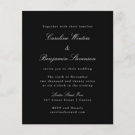 Budget Black Formal Elegant Wedding Uitnodiging (Voorkant)