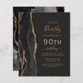 Budget Black Gold Agate Dark 90th Birthday Invite (Voorkant / Achterkant)