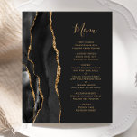 Budget Black Gold Agate Dark Mariage Menu<br><div class="desc">Le bord gauche de cet élégant menu mariage moderne comporte une bordure en aquarelle noire ornée d'une parties scintillant en faux or. Le texte personnalisable combine un script d'écriture manuscrite de couleur or et des polices de cuivre sur un arrière - plan non noir. L'envers est assorti d'un design d'agate...</div>