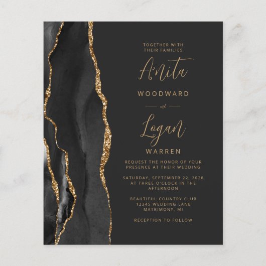 Budget Black Gold Agate Elegant Script Weddenschap (Voorkant)