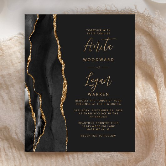 Budget Black Gold Agate Elegant Script Weddenschap