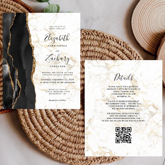 Budget Black Gold Agate Marble QR Code Wedding